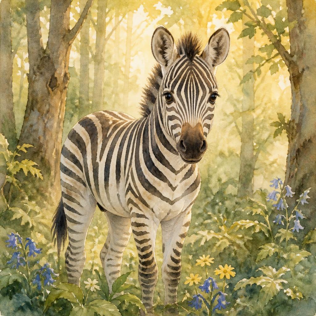 Portret van Melissa als zebra in het Woud, in warme aquarelstijl